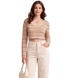 Good Luck Gem Cropped Long Sleeve Top Retro Multicolor Knit crochet vibe Size M